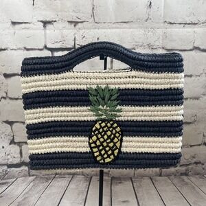 Talbots Clutch Handbag Paper Straw Striped Blue White Pineapple Print Medium‎